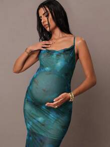 MaterniChic 孕妇时尚花卉印花透明网眼吊带裙，夏季 - 綠色 - 查看 4