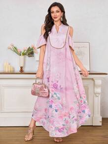 Al Najma Vestido holgado de estilo árabe con estampado floral, manga corta y hombros descubiertos