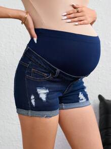 SHEIN Maternity High Waist Ripped Pocket Casual Fashion Denim Shorts