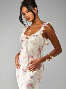 MISSGUIDED Watercolor Floral Print Satin Maxi Dress Ruffle Trim Empire Waist Wedding Guest Spring Summer Garden Party Occasion Gown - Multicolor - View 4