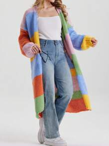 Rainbow Color Block Knit Cardigan, Casual Autumn/Winter - Blue - View 3