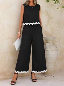 SHEIN Clasi 黑白色賽車背心坦克上衣和寬鬆褲子，帶有彈性腰帶