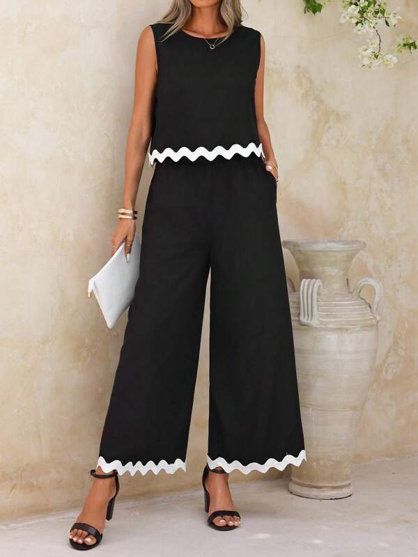 SHEIN Clasi Black And White Racerback Tank Top And Wide Leg Pants With Elastic Waistband