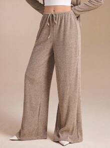 Spring Affair Loose Solid Color Rib Knit Drawstring Wide Leg Jersey Stretchy Pants, Airport Street Wear, Fall