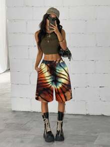StreetHx Women's Fashion Tie-Dye Elastic Waist Loose Sports Shorts, Summer Streetwear - Multicolor - View 1