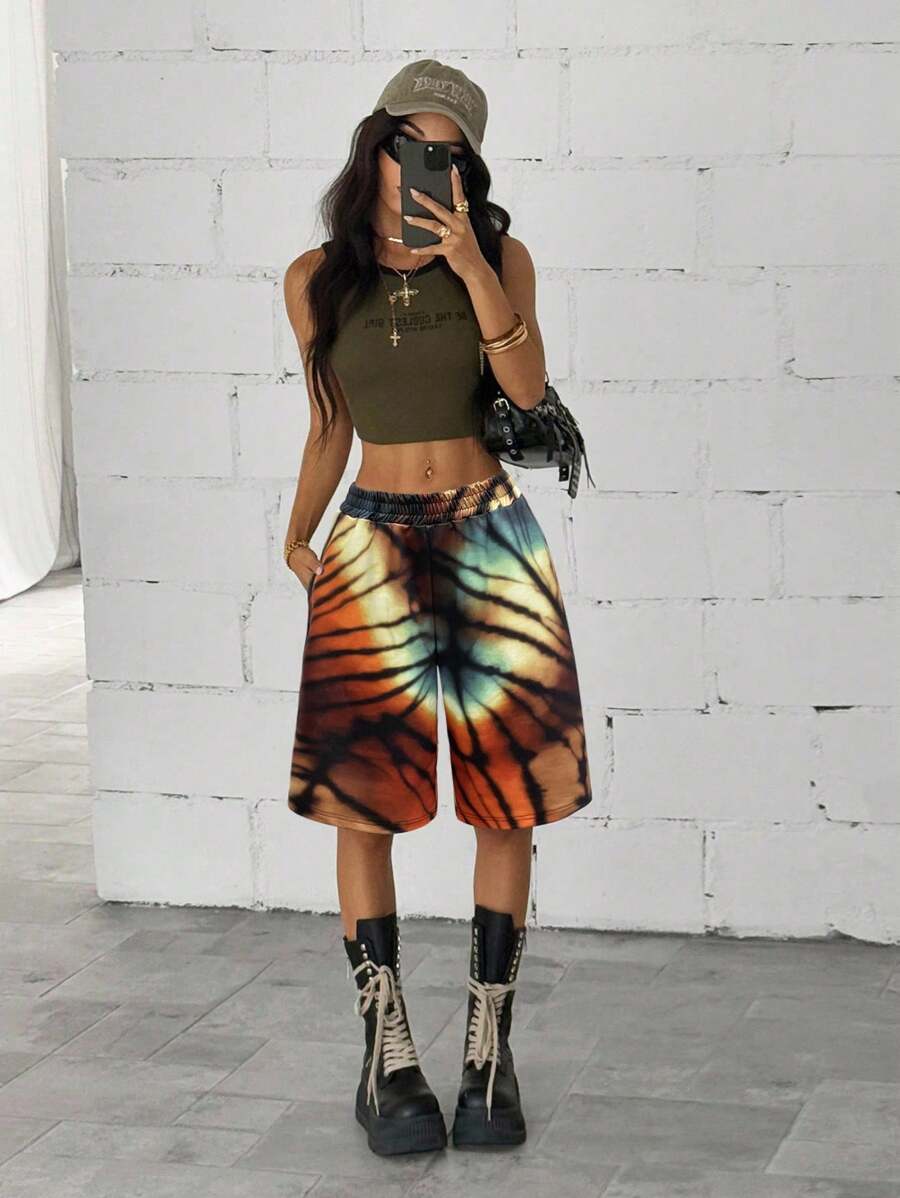 StreetHx Women's Fashion Tie-Dye Elastic Waist Loose Sports Shorts, Summer Streetwear - Multicolor - View 1