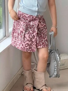 SHEIN Y2K YOUNG GIRL 别致街头风格复古休闲学院风彩色豹纹棉质工装牛仔短裙，松紧腰身，实用风琴口袋，百搭时尚，适合派对、音乐节、感恩节、返校季 - 粉色 - 查看 5