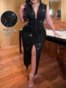 NU&NOW 大码女式优雅闪亮亮片 V 领褶饰高端设计连衣裙，浪漫婚礼宾客、约会之夜、派对时尚 - 黑色 - 查看 2