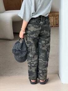 SHEIN Wildeya Y2K Street Style Camouflage Print Flat Pocket Elastic Waistband Cargo Slim Fit Pants, For Young Girls