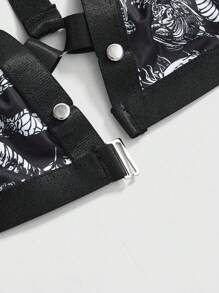 Grunge Punk Gothic Punk Skull Snake Pattern Stud Triangle Cup Triangle Panty Lingerie Set - Black - View 3