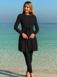 Swim Mulvari New Middle East Style Burkini Swimsuit 2 Pieces Set, Modest Cover Up Long Sleeve And Long Pants, Protective SPF Swimwear Suit, Arab South East Asia Style For Summer Beach Vacation