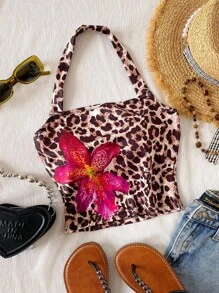 1件装女童豹纹热带花卉印花露脐吊带背心，休闲夏季女童背心，豹纹背心，猎豹纹背心，花朵抹胸背心，花卉吊带背心