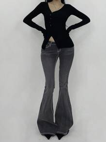 DAZY Jeans évasés à taille basse, effet vintage lavé, avec col contrasté et ourlet brut pour femmes - Noir - Voir 8