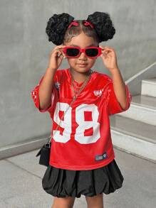 Young Girl Casual Street Style Light Blue Letter 23 Print Loose Fit Graphic T-Shirt, Fashion Sporty Top (Sibling Matching Outfits, 2pcs Sold Separately) - Red - View 5