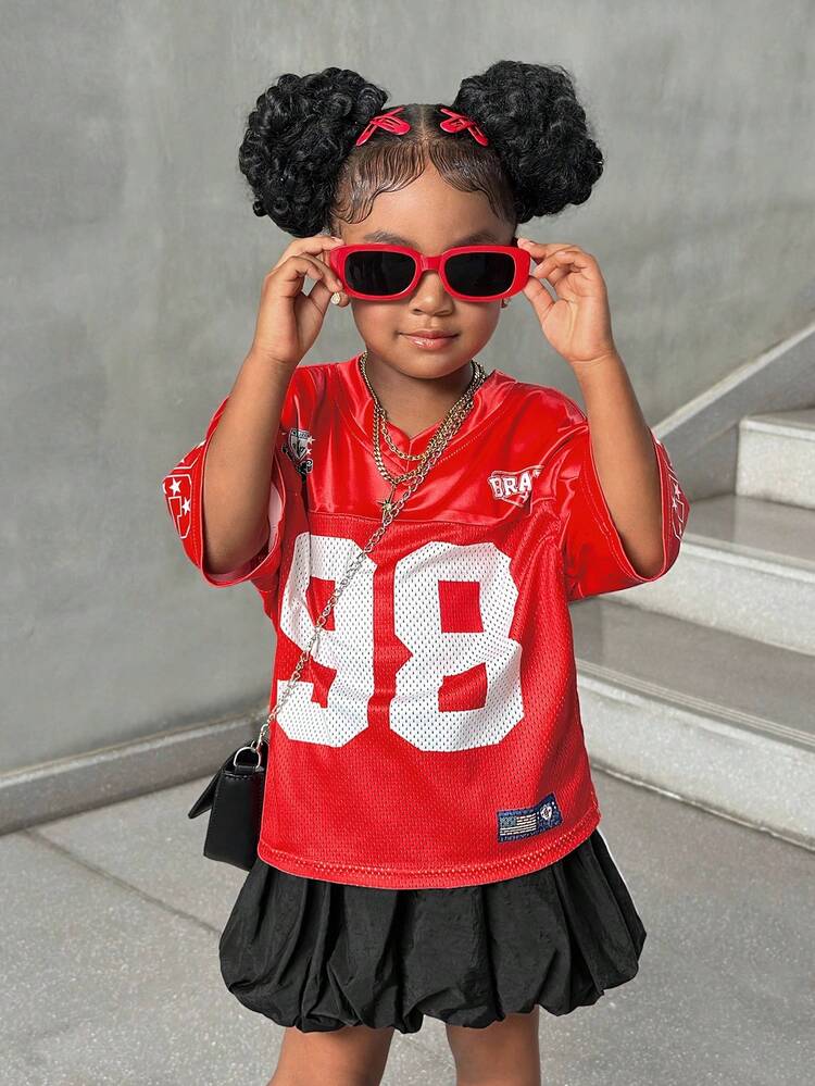 2 piezas a juego para hermanos: Camiseta holgada con estampado de letra 23 para niña joven de estilo casual y deportivo (se venden por separado) - Rojo - Ver 5