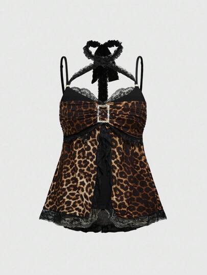 J-Fashion Y2K Vintage Harajuku Baddie Kontrast Leopard Muster Spitzen-Saum Cami Top für Frauen