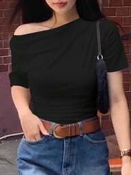 DAZY Camiseta blanca de manga corta y ajustada con cuello oblicuo de unicolor para mujer, verano