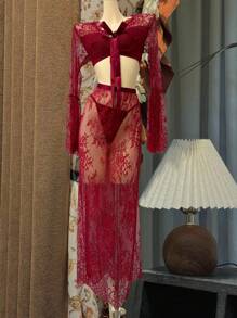 SHEIN 3pcs/Set Women's Lace Bell Sleeve Tie-Front Sexy Lingerie Set - Burgundy - View 7