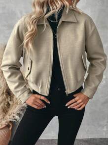 Chiquease Linho Cor Lapela Zíper Lã Cardigan Curto Casaco Casual