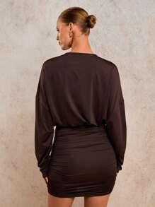 COSMINA Vestido mini de mujer de moda sólido y calado, vestido mini marrón, vestidos de otoño para mujer - Café - Ver 2