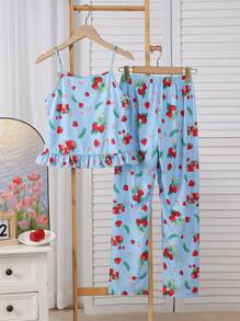 青少年女孩蓝色基础简约时尚红色草莓印花吊带背心和长裤舒适两件套睡衣套装