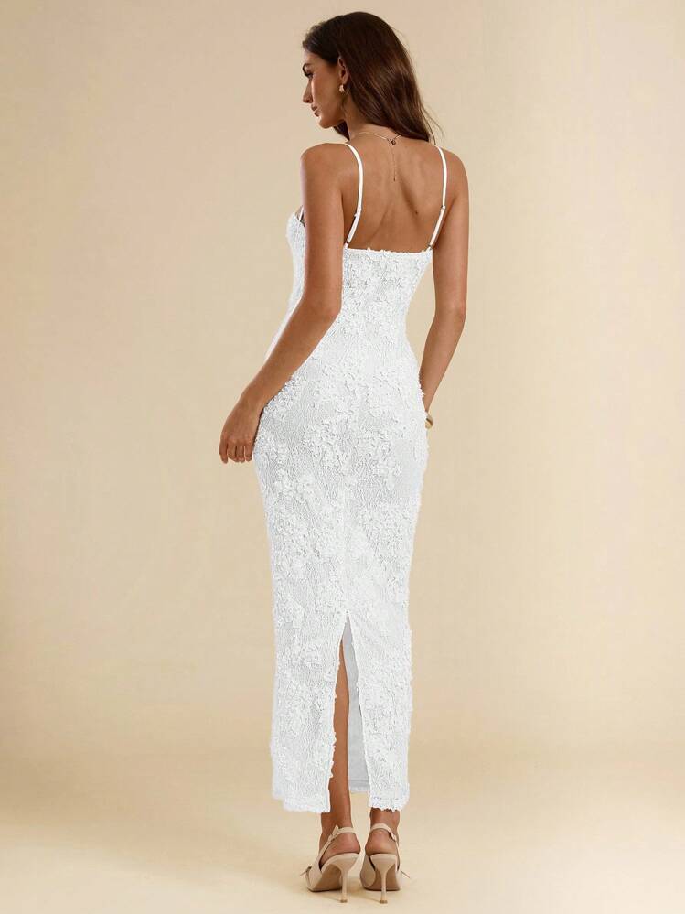 SHEIN BAE Dam sommarklänning med jacquard-krage och smal passform, maxiklänning - Vitt - Visa 2