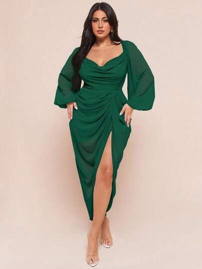 SHEIN BAE Plus Size Women's Elegant Party Date Sexy Glitter Sequins Draped Neck Ruched Asymmetrical Hem Slit Dress With Long Sleeve In Fern Green/ Plus Size Green Dress/ Green Dress Curve/ Curvy Dress/ Plus Size Vacation Dress,Homecoming Dress