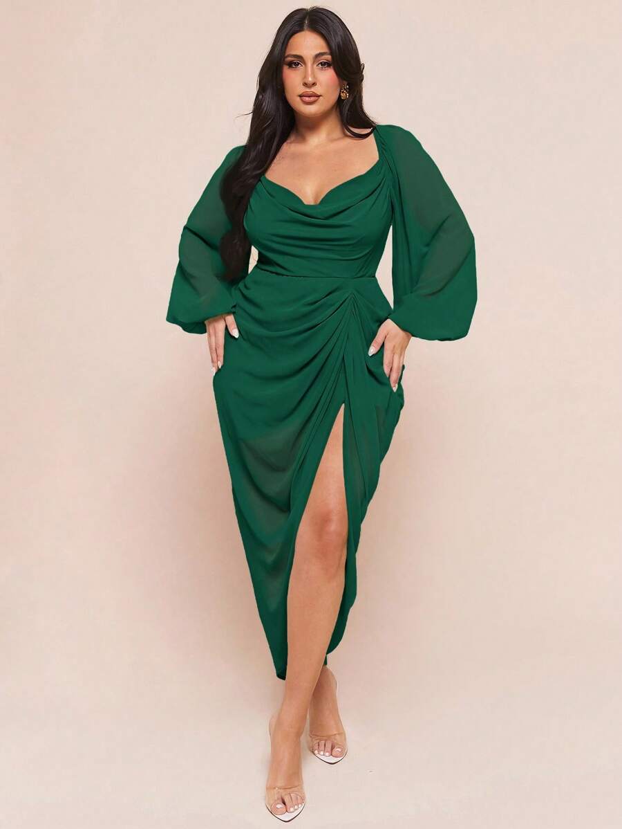 SHEIN BAE 加大码女式优雅派对约会性感亮片亮片垂坠领褶饰不对称下摆开衩长袖蕨绿色连衣裙 - 墨綠色 - 查看 1