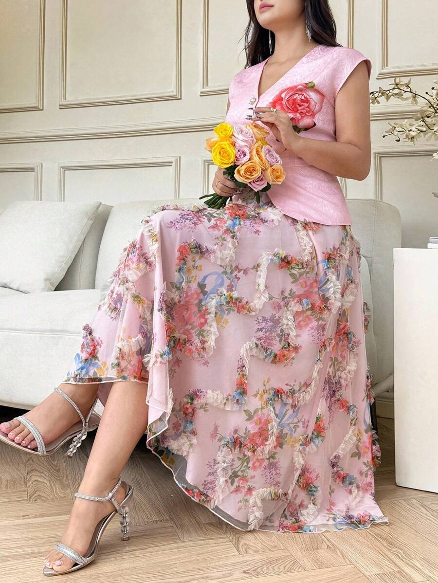 SHEIN Clasi 大码优雅花卉印花上衣和连衣裙套装，2 件女式大码服装：上衣 + 印花高腰裙，优雅浪漫，适合日常穿着，春夏季服装