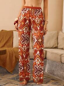 The White Lotus Swim Chiccia Women Summer New Sexy White Lotus Printed Sheer Mesh Straight Leg Cover Up Pants With Elastic Waist & Vacation - Multicolor - View 4