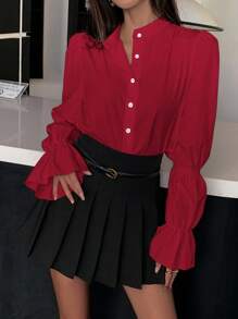 INAWLY 女士纯色前扣长袖休闲衬衫 - 紅色 - 查看 3