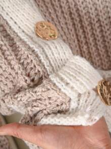 CosyJoli كارديجان محبوك سميك بألوان متباينة مع إبزيم معدني مقاس كبير للموسم الخريفي/الشتوي