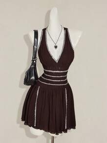 SHEIN ICON 女式夏季无袖交叉后腰收腰迷你连衣裙 - 咖啡棕 - 查看 4