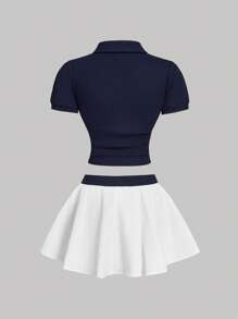 SHEIN MOD 2pcs/Set Women Navy Blue Top & White Skirt Set, Tennis Outfit, Retro Style,College Students Outfit - Navy Blue - View 2