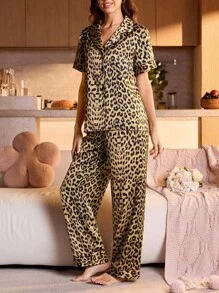 SHEIN Women Leopard Print Short Sleeve Button-Up Top And Pants Pajama Set - Yellow - View 4