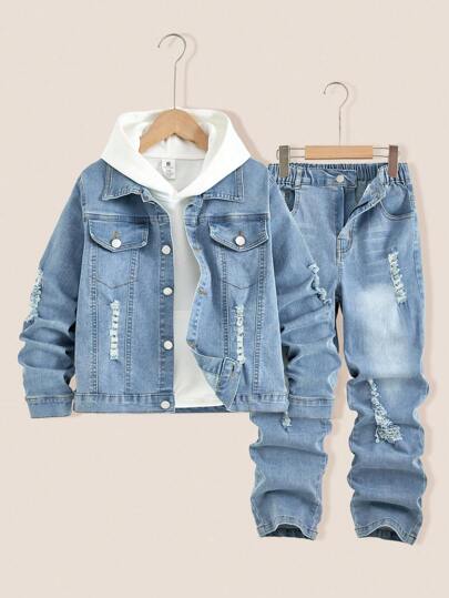 Tween 男童复古水洗牛仔两件套服装，休闲百搭弹力牛仔夹克搭配修身破洞牛仔裤，时尚街头风格，适合所有季节