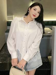 Dazy Plus 加大码优雅翻领宽松纯色蕾丝边下摆长袖白色衬衫学院风上衣 - 白色 - 查看 7
