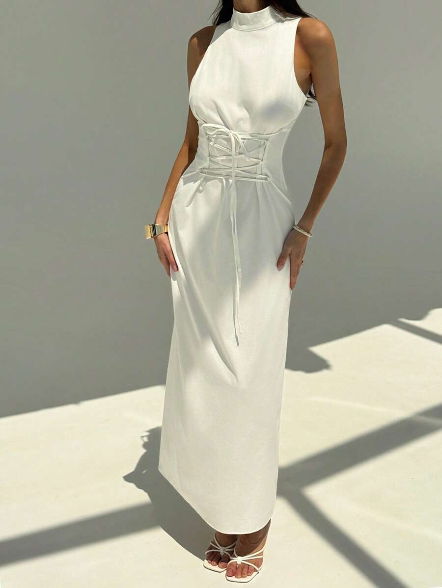 Aloruh New Stylish Minimalist Stand Collar Cinched Waist Sleeveless Bodycon Solid Color Midi Dress, Commuter Friendly