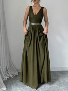 Lyxana Sleeveless V-Neck Cinched Waist A-Line Elegant & Romantic Party Dress For Women Maxi Women Outfit - Army Green - View 4