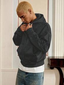 Manfinity VCAY Men's Knit Casual Daily Young Loose English Embroidery Long Sleeve Hooded Sweatshirt, For Fall Winter - Dark Grey - View 4