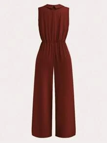 SHEIN Clasi 大码女式纯色翻领无袖休闲阔腿连体裤