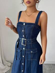 Elenzga Vestido de mezclilla casual de verano con bolsillo de moda callejera, cierre de hebilla y correa de un solo pecho para mujer