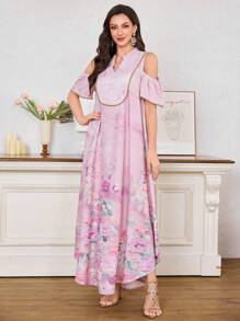 Al Najma Vestido holgado de estilo árabe con estampado floral, manga corta y hombros descubiertos