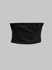 INAWLY Plus Size Women Solid Color Minimal Bandeau Black Top