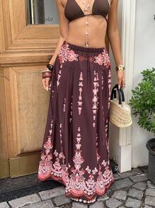 Sunnyshic Chân váy midi ngày lễ thường ngày họa tiết hoa nâu cạp chun - màu nâu - Xem 1