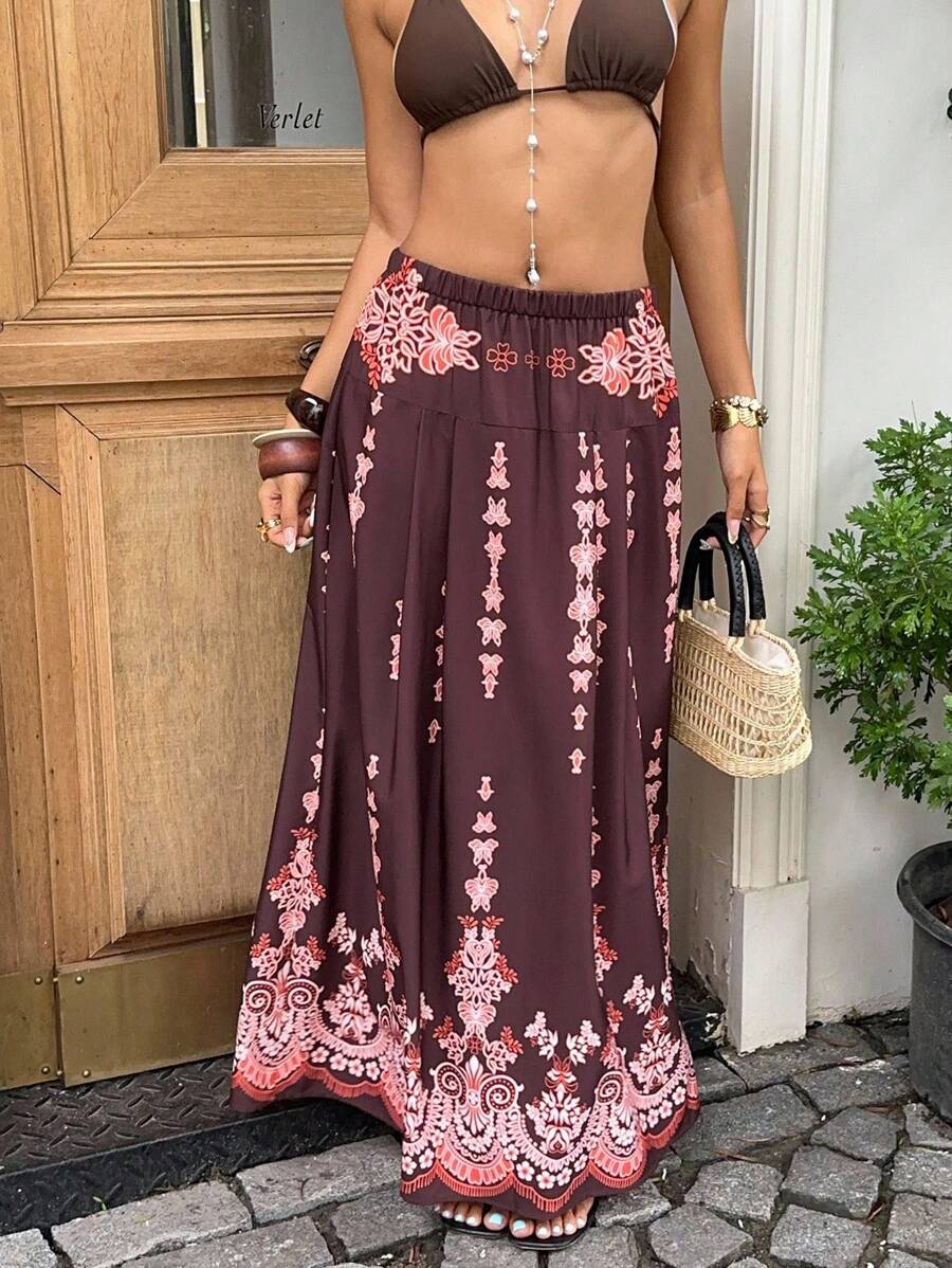 Sunnyshic Chân váy midi ngày lễ thường ngày họa tiết hoa nâu cạp chun - màu nâu - Xem 1