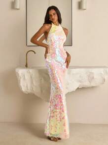 Vowa Thời trang, Gợi cảm, Tiên phong, Lưới, Sáng bóng, Hồng, Vải sequin óng ánh, Cổ yếm, Hở lưng, Xẻ sau, Viền đuôi cá tinh tế, Thích hợp mặc đi hộp đêm, Tiệc tùng, Kỳ nghỉ, Bãi biển, Check-in, Đầm cocktail - Hồng - Xem 5