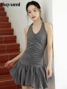 Casual Halter Pleated Hem Lantern Dress For Teenage Petite Girls, Korea & Japan Style, Fashionable - Grey - View 7