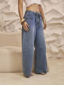 Aralina 冬季/夏季束带筒形牛仔裤 - 中等水洗藍 - 查看 6