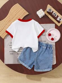 SHEIN Vintaside Kids Baby Girl Cherry Print T-Shirt With Contrast Trim, Fashion Short Sleeve Top, Embroidery Pattern Contrast Color Hem Shorts 2Pc Set - Multicolor - View 2